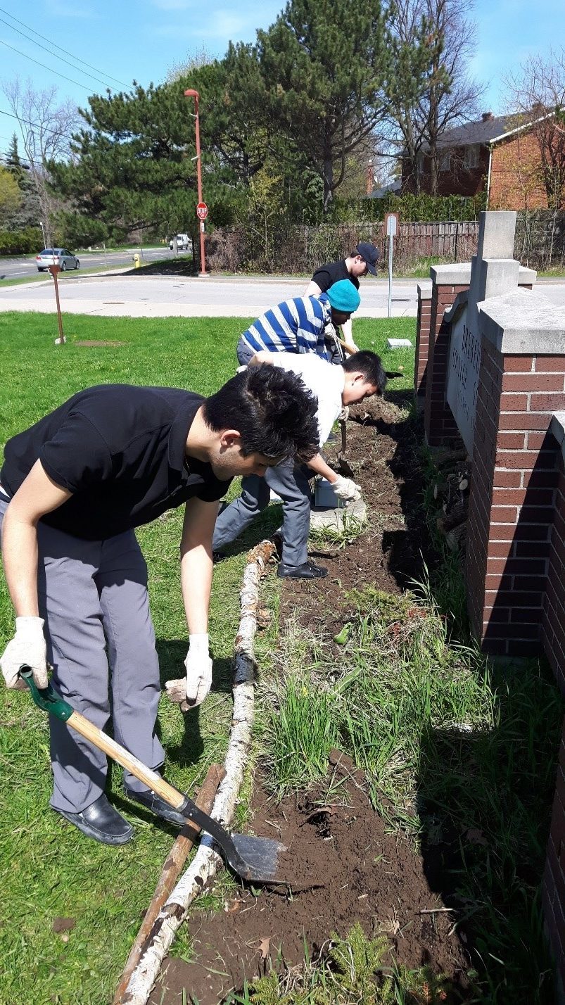 Students at Brebeuf College School in Willowdale, ON work on the native garden on their school grounds.